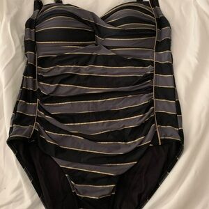 Bondi Nip Tuck Brand Swimsuit, Size 16.  Black/Gold Striped One Piece Swimsuit